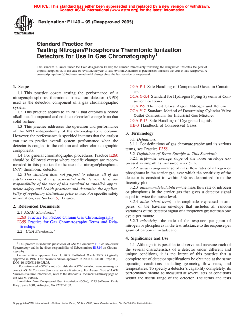 ASTM E1140-95(2005) - Standard Practice for Testing Nitrogen/Phosphorus Thermionic Ionization Detectors for Use In Gas Chromatography