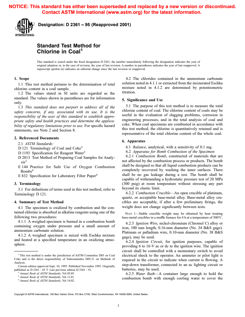 ASTM D2361-95(2001) - Standard Test Method for Chlorine in Coal