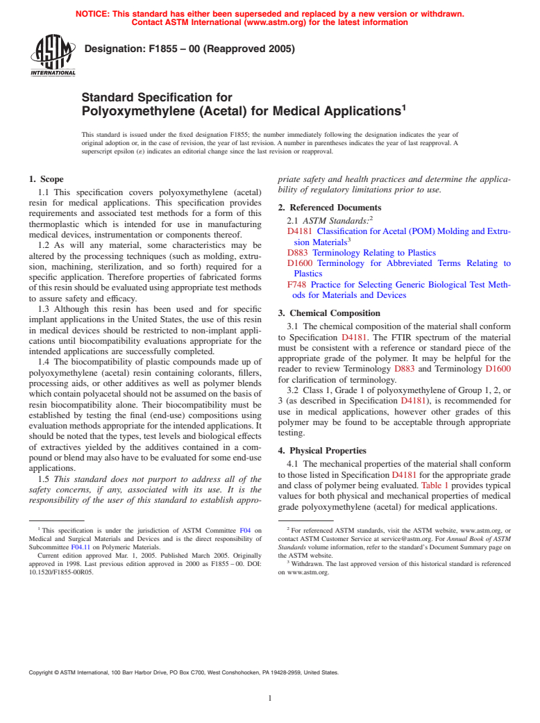 ASTM F1855-00(2005) - Standard Specification for Polyoxymethylene (Acetal) for Medical Applications