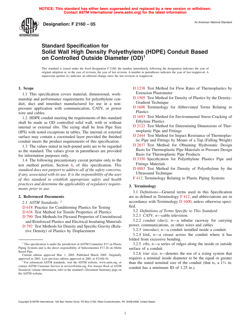 ASTM F2160-05 - Standard Specification for Solid Wall High Density Polyethylene (HDPE) Conduit Based on Controlled Outside Diameter (OD)