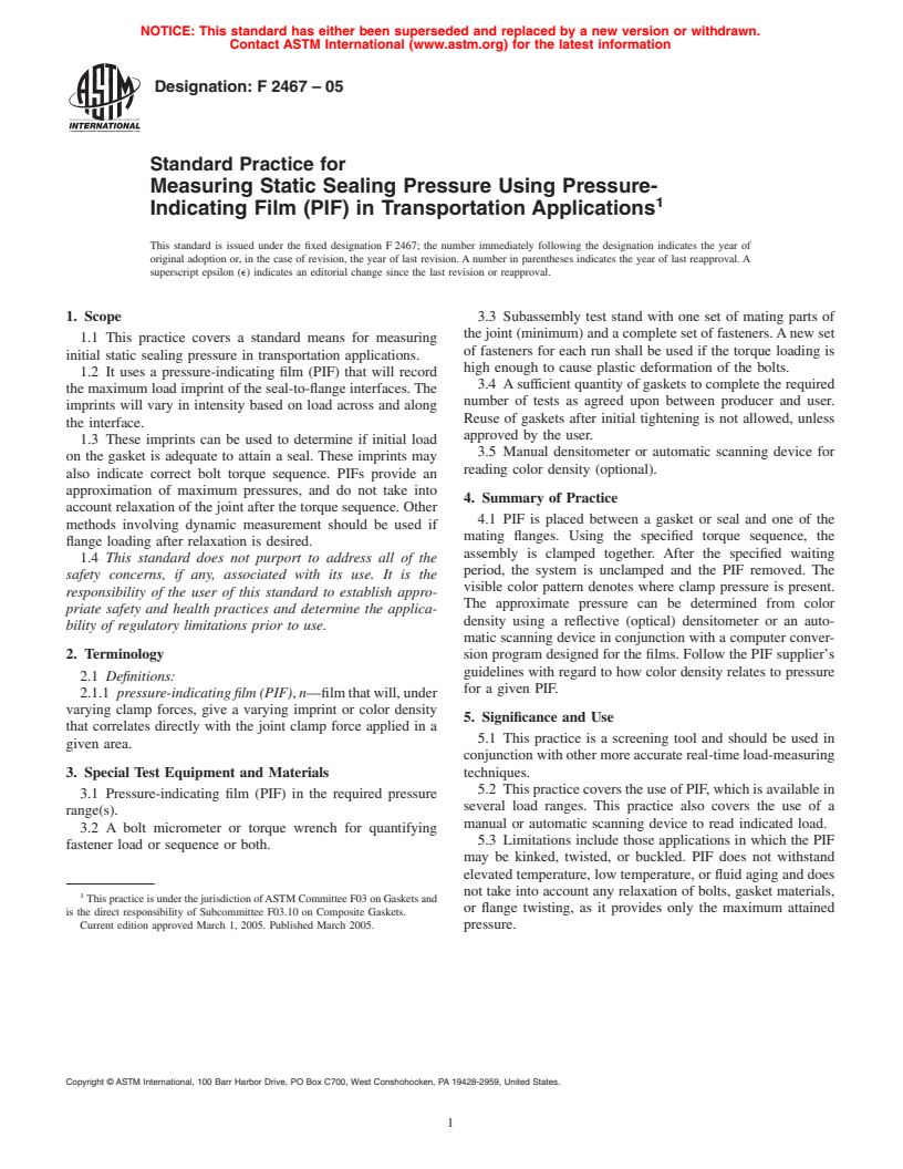 ASTM F2467-05 - Standard Practice for Measuring Static Sealing Pressure Using Pressure-Indicating Film (PIF) in Transportation Applications