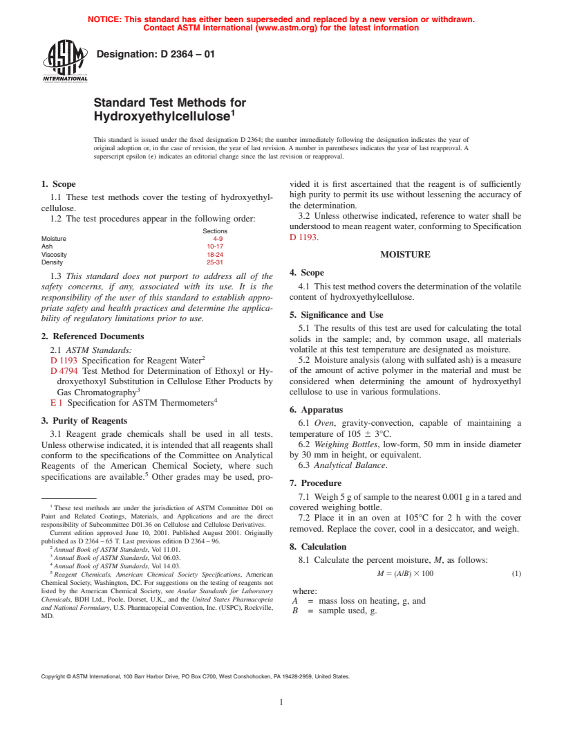 ASTM D2364-01 - Standard Test Methods for Hydroxyethylcellulose