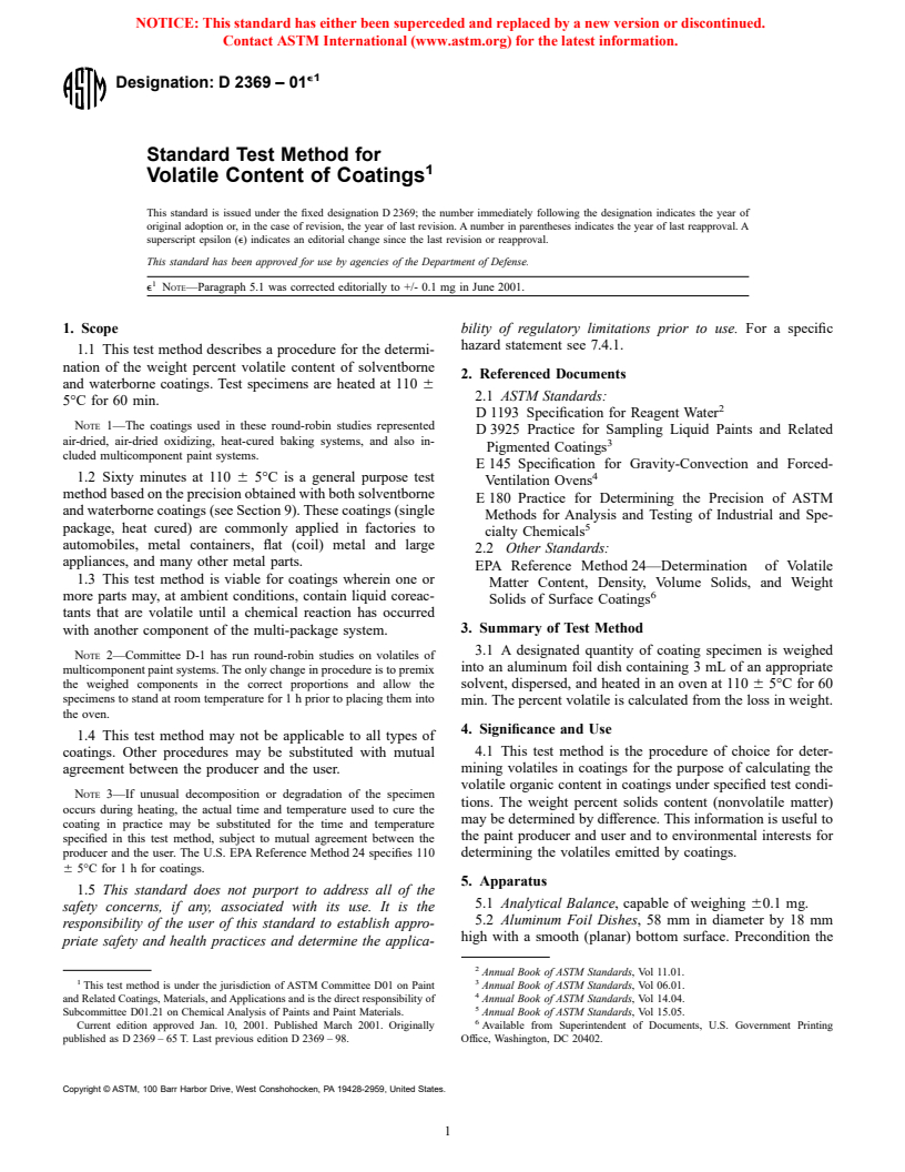 ASTM D2369-01e1 - Standard Test Method for Volatile Content of Coatings