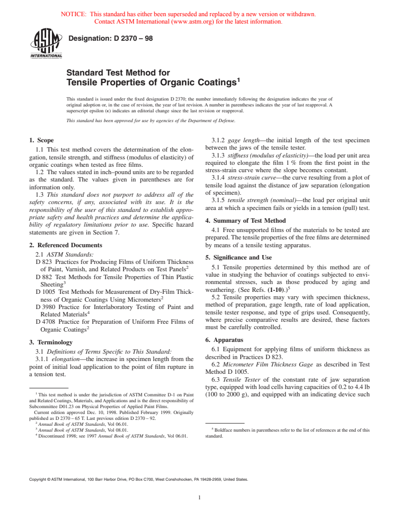 ASTM D2370-98 - Standard Test Method for Tensile Properties of Organic Coatings