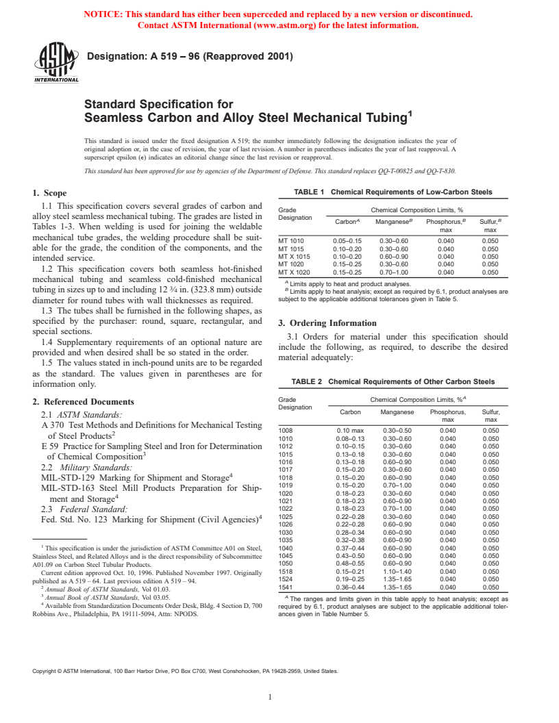 ASTM A519-96(2001) - Standard Specification for Seamless Carbon and Alloy Steel Mechanical Tubing