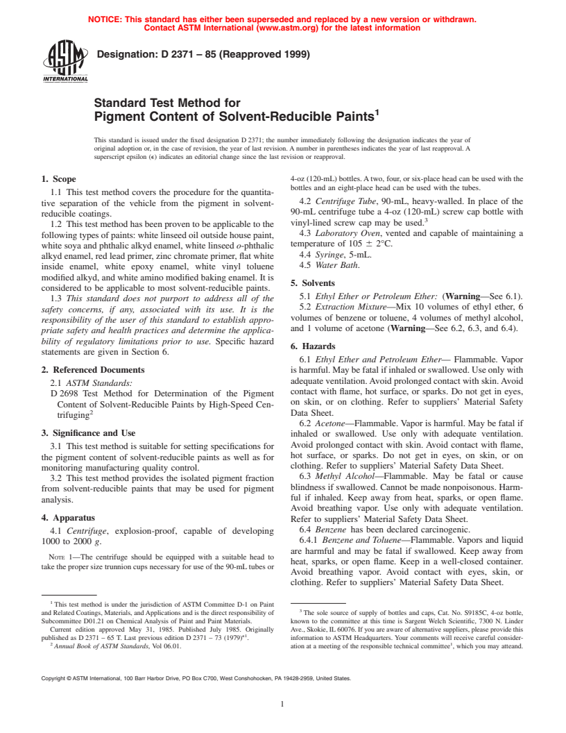 ASTM D2371-85(1999) - Standard Test Method for Pigment Content of Solvent-Reducible Paints