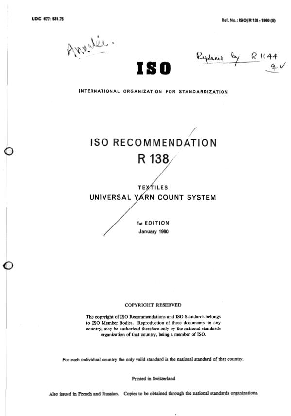 ISO/R 138:1960 - Withdrawal of ISO/R 138-1960