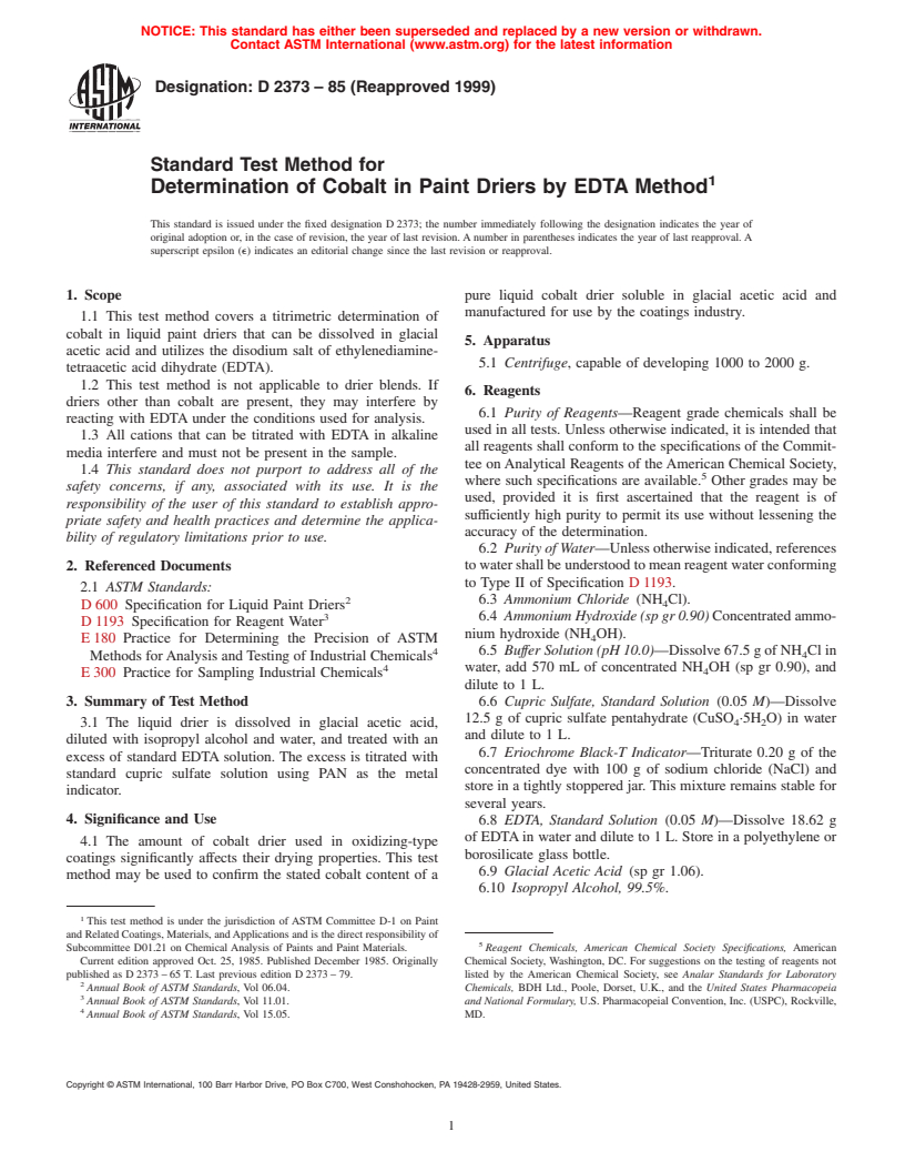 ASTM D2373-85(1999) - Standard Test Method for Determination of Cobalt in Paint Driers by EDTA Method