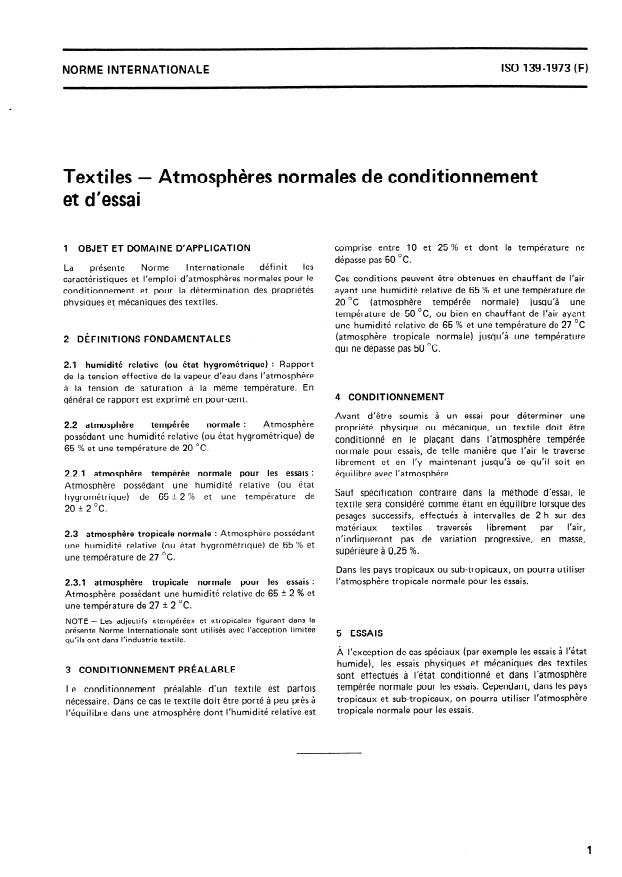 ISO 139:1973 - Textiles -- Atmospheres normales de conditionnement et d'essai