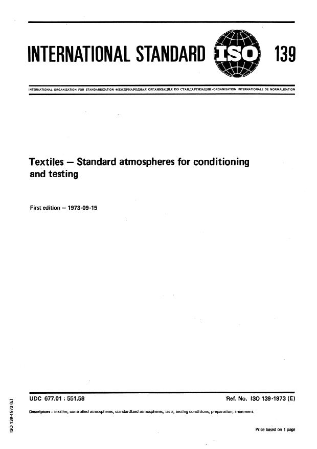 ISO 139:1973 - Textiles -- Standard atmospheres for conditioning and testing
