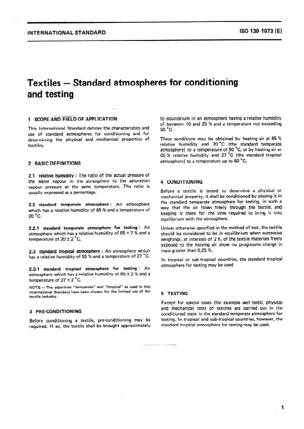 ISO 139:1973 - Textiles -- Standard atmospheres for conditioning and testing
