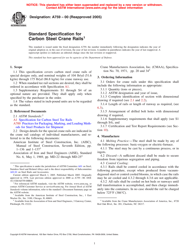 ASTM A759-00(2005) - Standard Specification for Carbon Steel Crane Rails