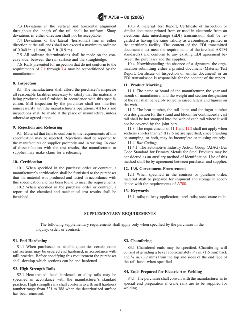 ASTM A759-00(2005) - Standard Specification for Carbon Steel Crane Rails