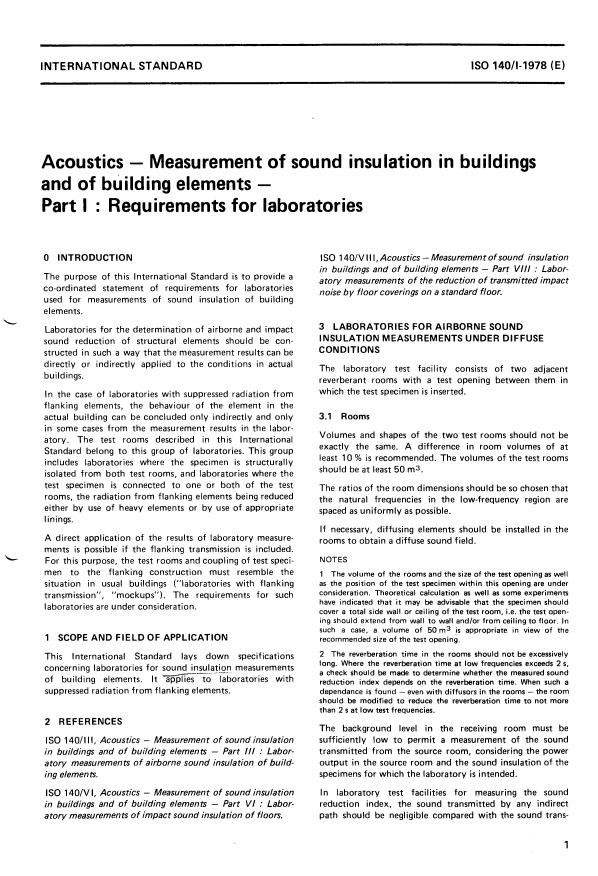 ISO 140-1:1978 - Acoustics -- Measurement of sound insulation in buildings and of building elements