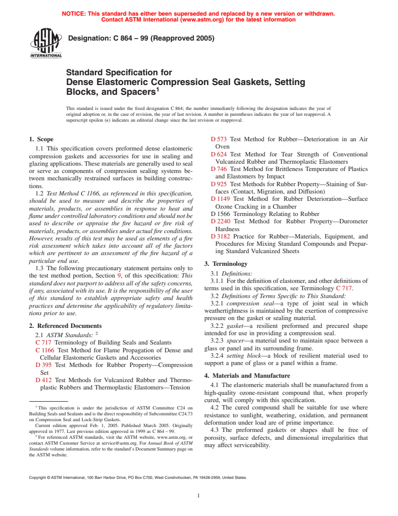 ASTM C864-99(2005) - Standard Specification for Dense Elastomeric Compression Seal Gaskets, Setting Blocks, and Spacers