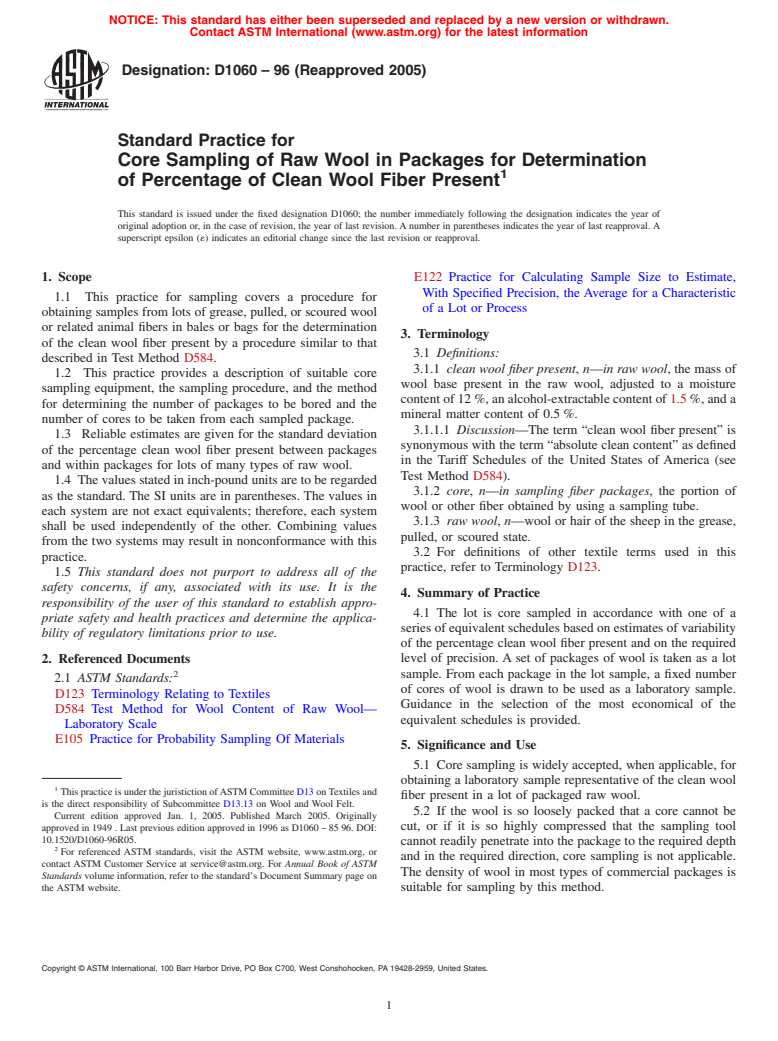 ASTM D1060-96(2005) - Standard Practice for Core Sampling of Raw Wool in Packages for Determination of Percentage of Clean Wool Fiber Present