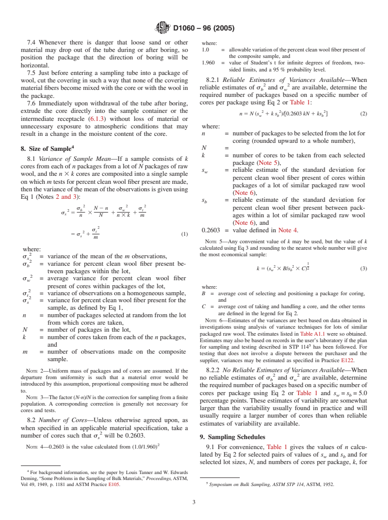 ASTM D1060-96(2005) - Standard Practice for Core Sampling of Raw Wool in Packages for Determination of Percentage of Clean Wool Fiber Present