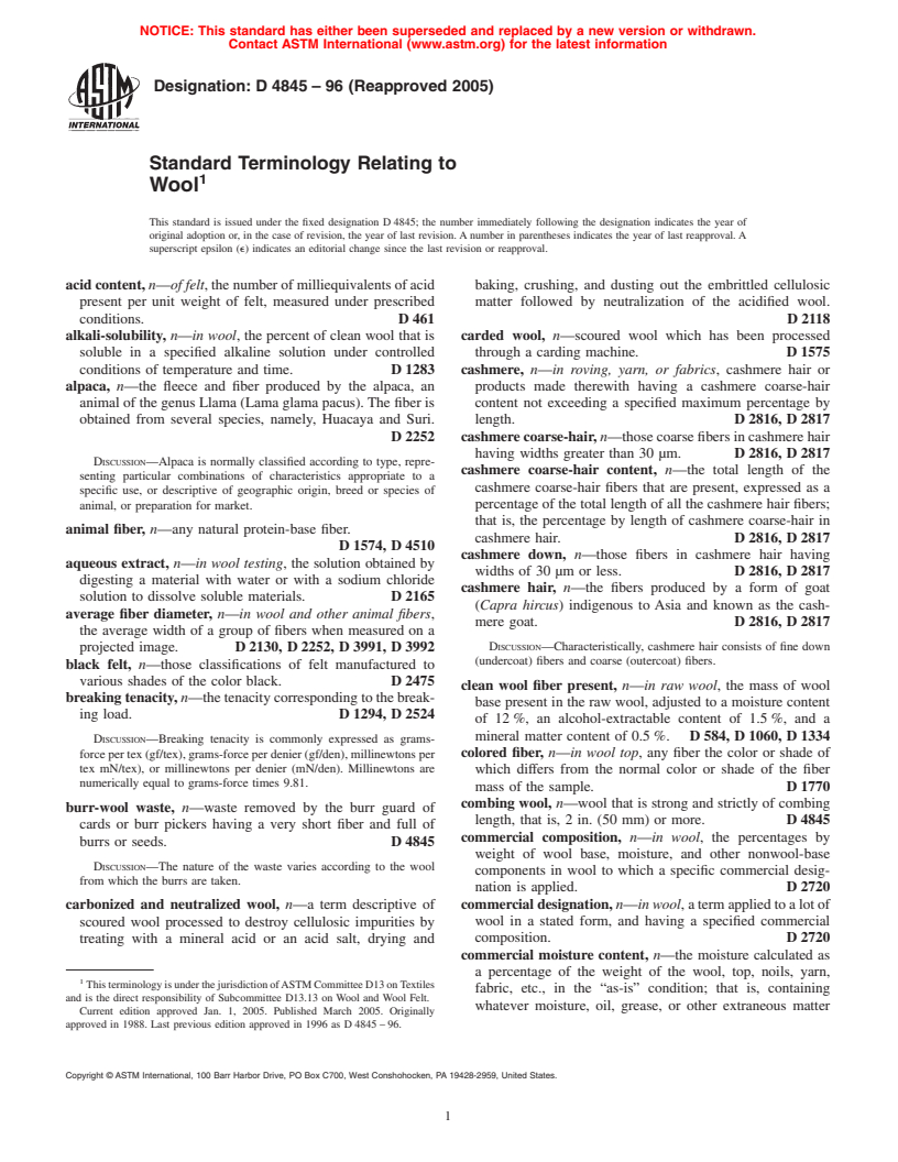 ASTM D4845-96(2005) - Standard Terminology Relating to Wool