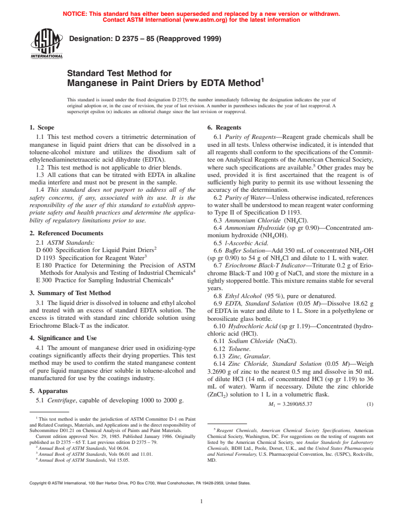 ASTM D2375-85(1999) - Standard Test Method for Manganese in Paint Driers by EDTA Method