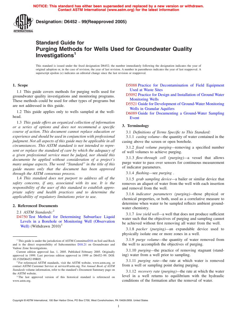 ASTM D6452-99(2005) - Standard Guide for Purging Methods for Wells Used for Groundwater Quality Investigations