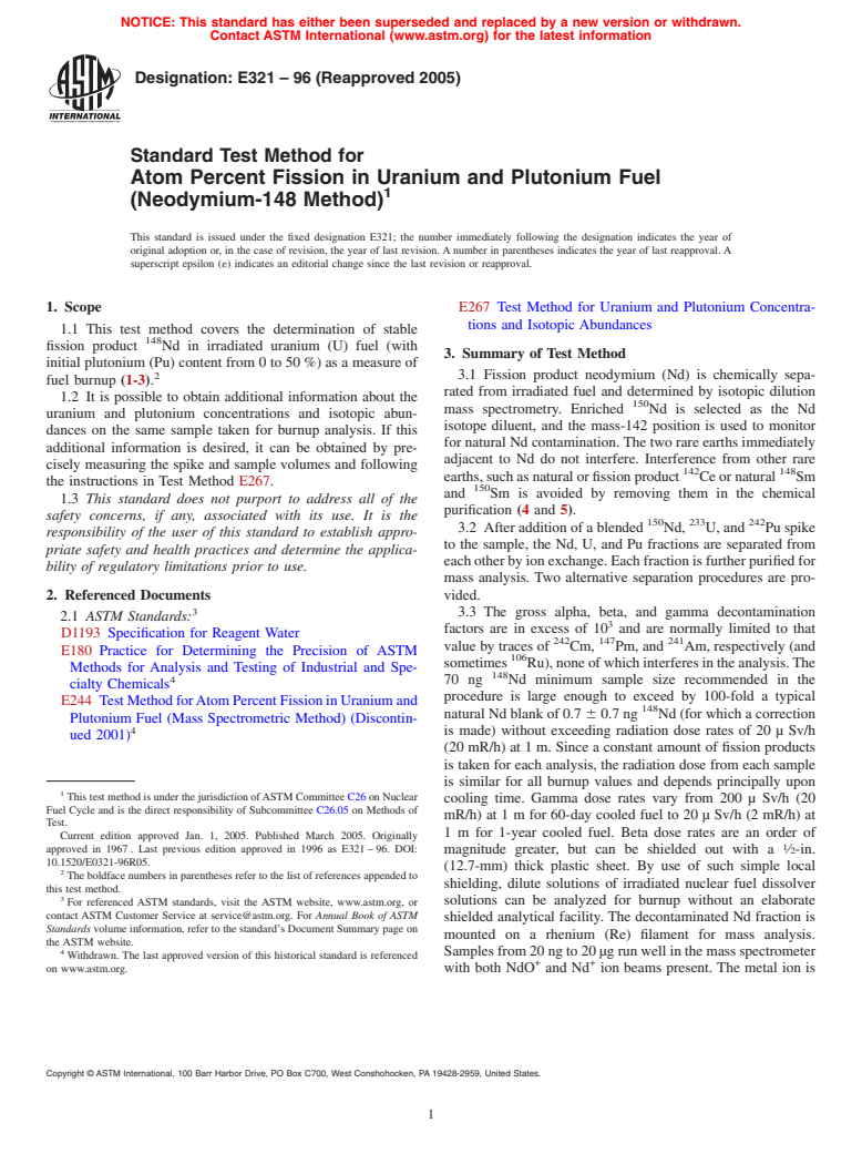 ASTM E321-96(2005) - Standard Test Method for Atom Percent Fission in Uranium and Plutonium Fuel (Neodymium-148 Method)