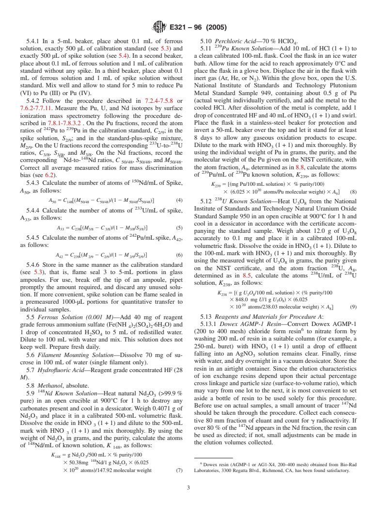 ASTM E321-96(2005) - Standard Test Method for Atom Percent Fission in Uranium and Plutonium Fuel (Neodymium-148 Method)