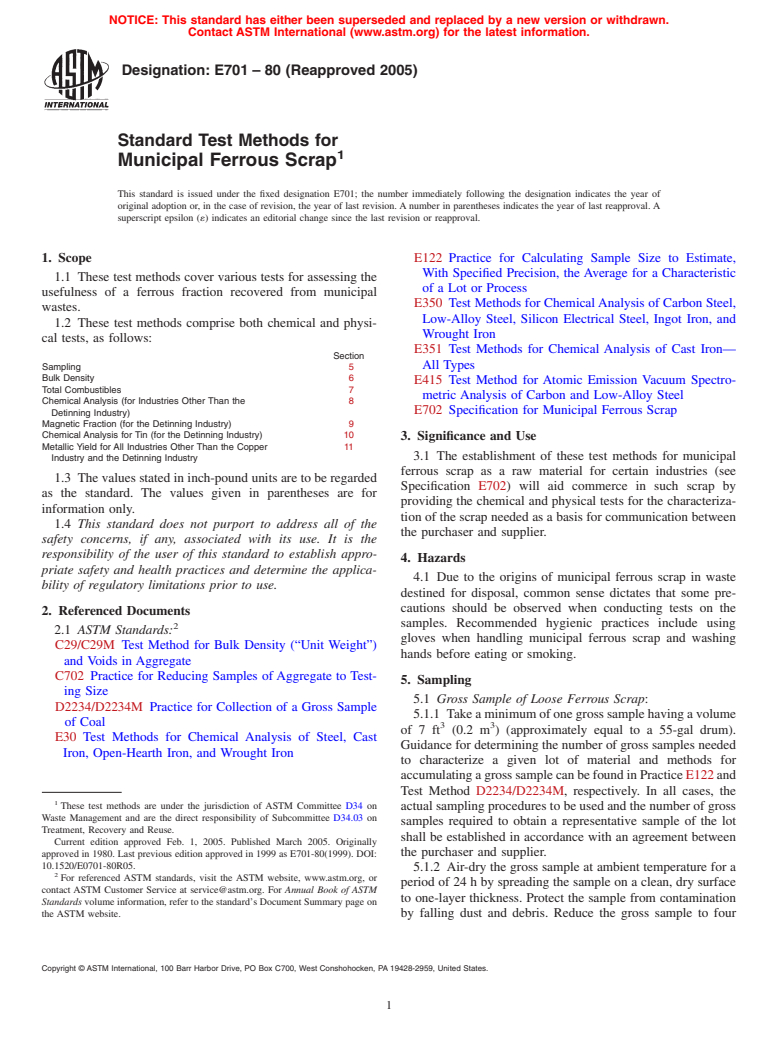 ASTM E701-80(2005) - Standard Test Methods for Municipal Ferrous Scrap