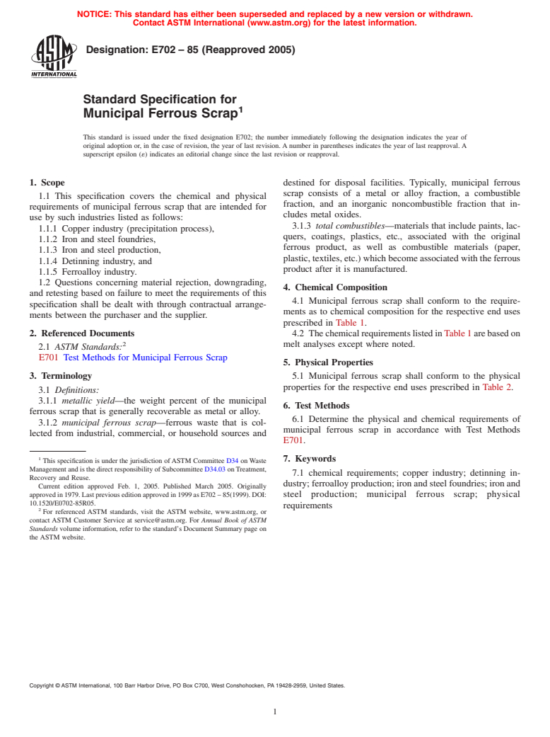 ASTM E702-85(2005) - Standard Specification for Municipal Ferrous Scrap