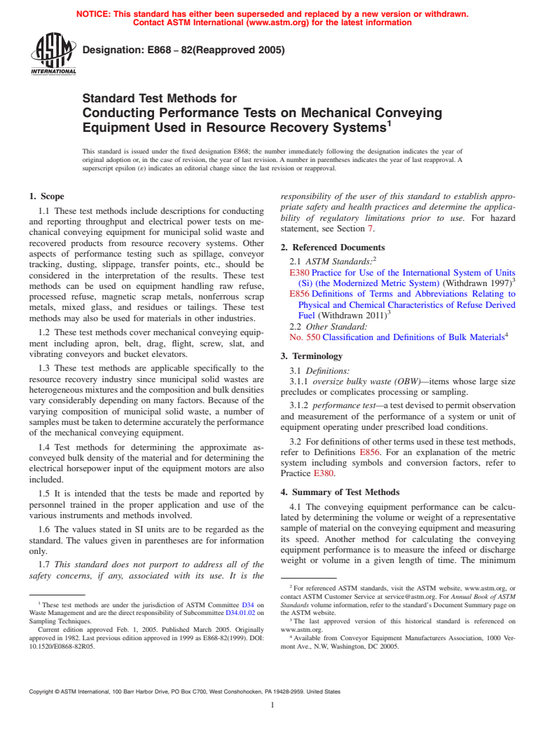 ASTM E868-82(2005) - Standard Test Methods for Conducting Performance Tests on Mechanical Conveying Equipment Used in Resource Recovery Systems (Withdrawn 2005)