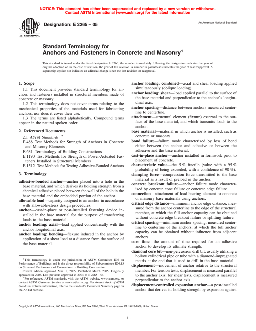 ASTM E2265-05 - Standard Terminology for Anchors and Fasteners in Concrete and Masonry