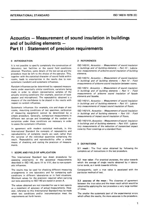 ISO 140-2:1978 - Acoustics -- Measurement of sound insulation in buildings and of building elements