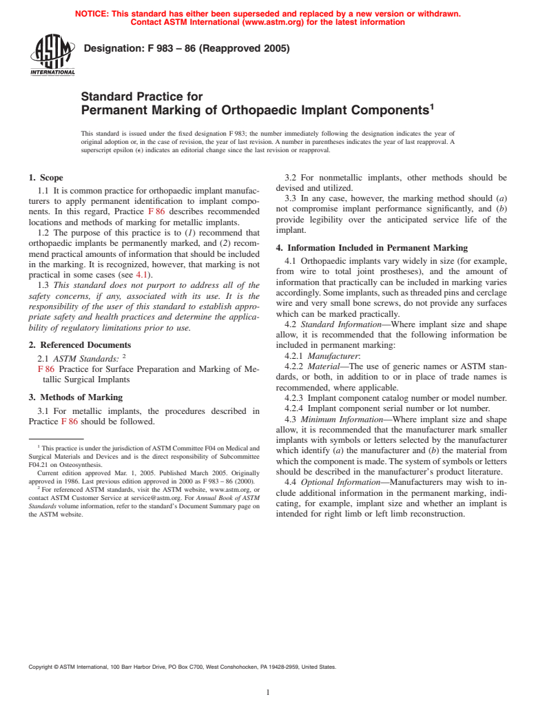 ASTM F983-86(2005) - Standard Practice for Permanent Marking of Orthopaedic Implant Components