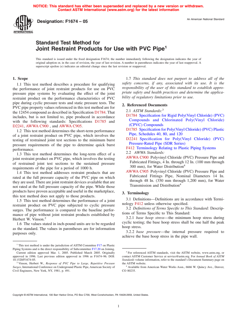 ASTM F1674-05 - Standard Test Method for Joint Restraint Products for Use with PVC Pipe