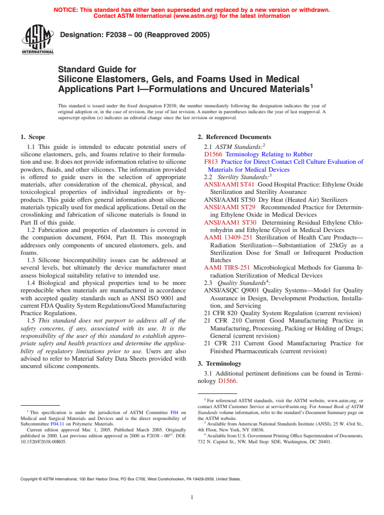 ASTM F2038-00(2005) - Standard Guide for Silicone Elastomers, Gels and Foams Used in Medical Applications Part I - Formulations and Uncured Materials