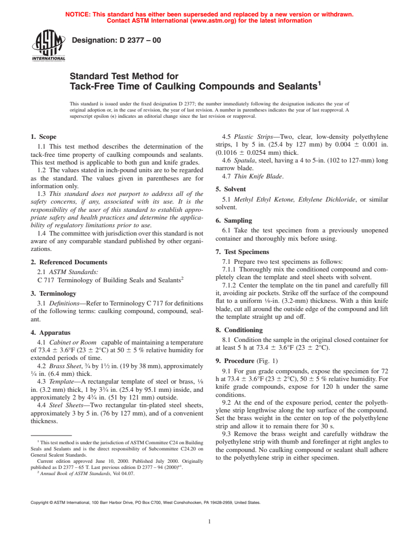 ASTM D2377-00 - Standard Test Method for Tack-Free Time of Caulking Compounds and Sealants