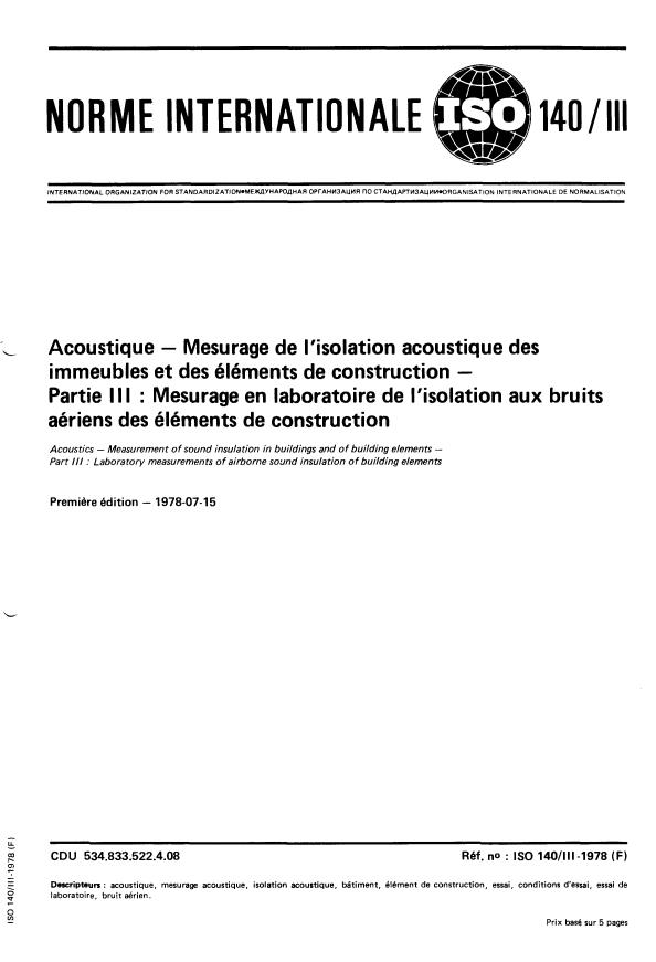 ISO 140-3:1978 - Acoustique -- Mesurage de l'isolation acoustique des immeubles et des éléments de construction