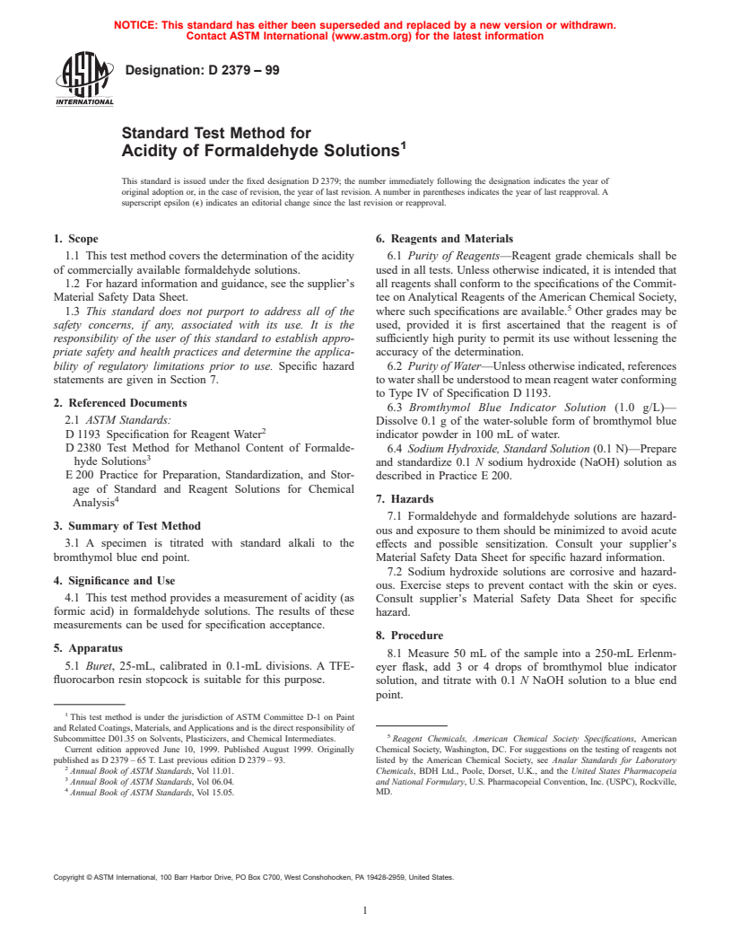 ASTM D2379-99 - Standard Test Method for Acidity of Formaldehyde Solutions