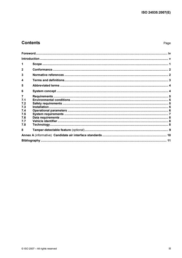 ISO 24535:2007 ISO 24535:2007 - Intelligent transport systems -- Automatic vehicle identification -- Basic electronic registration identification (Basic ERI) - Page 3 preview