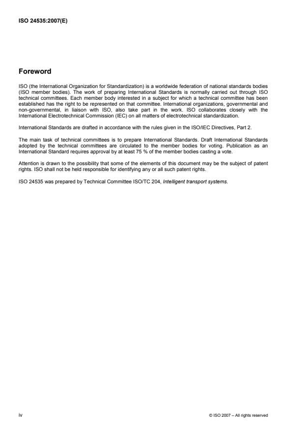ISO 24535:2007 ISO 24535:2007 - Intelligent transport systems -- Automatic vehicle identification -- Basic electronic registration identification (Basic ERI) - Page 4 preview