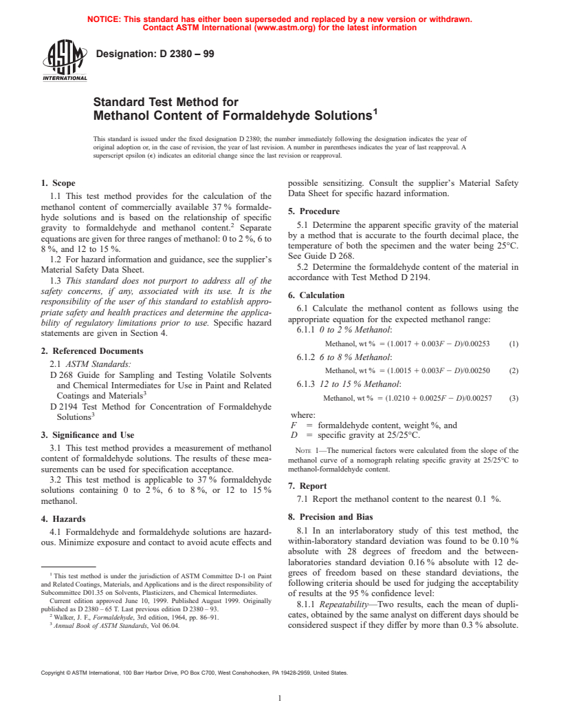 ASTM D2380-99 - Standard Test Method for Methanol Content of Formaldehyde Solutions