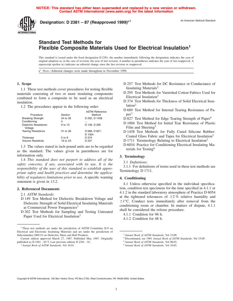 ASTM D2381-87(1999)e1 - Standard Test Methods for Flexible Composite Materials Used for Electrical Insulation (Withdrawn 2005)