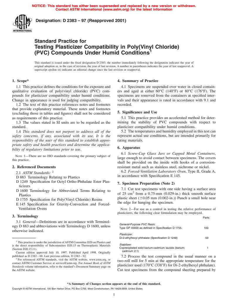 ASTM D2383-97(2001) - Standard Practice for Testing Plasticizer Compatibility in Poly(Vinyl Chloride) (PVC) Compounds Under Humid Conditions