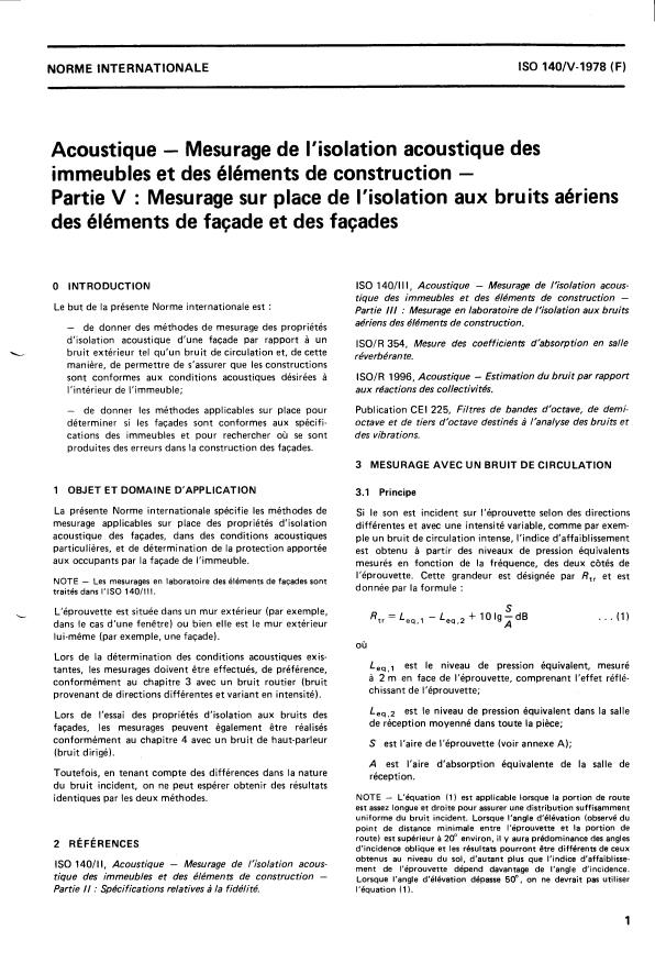 ISO 140-5:1978 - Acoustique -- Mesurage de l'isolation acoustique des immeubles et des éléments de construction