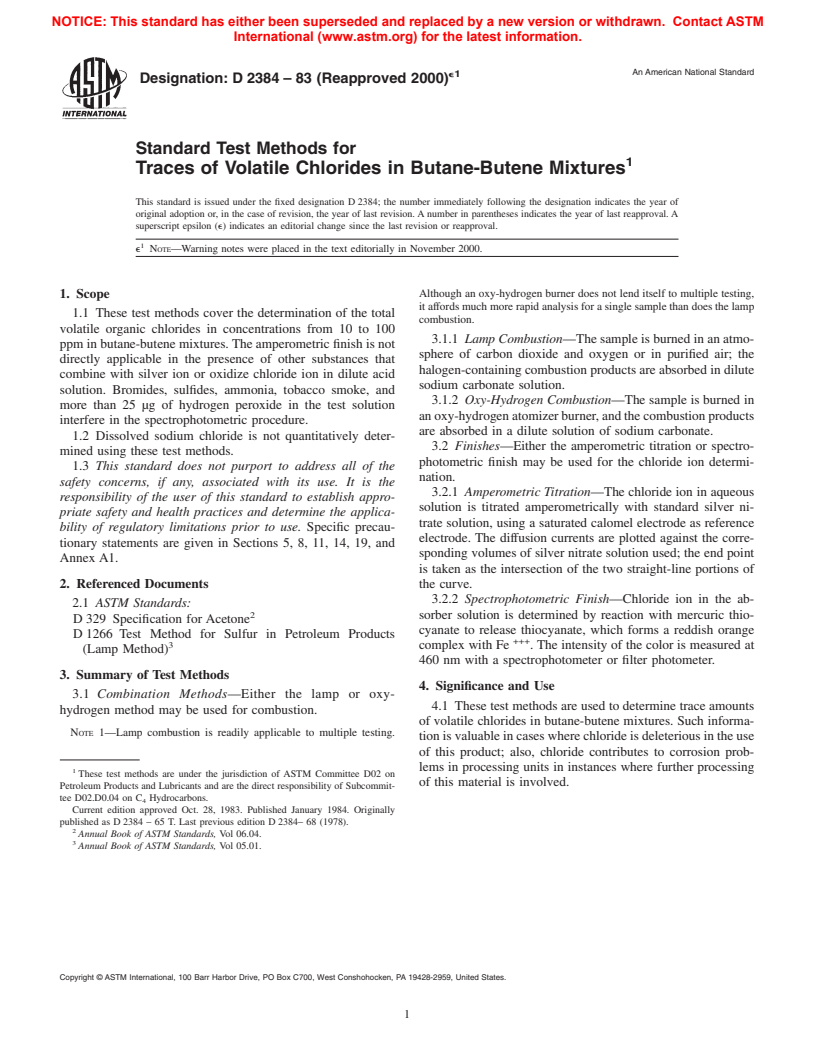 ASTM D2384-83(2000)e1 - Standard Test Methods for Traces of Volatile Chlorides in Butane-Butene Mixtures