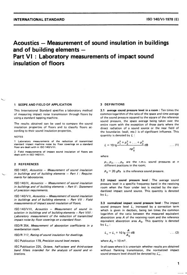 ISO 140-6:1978 - Acoustics -- Measurement of sound insulation in buildings and of building elements
