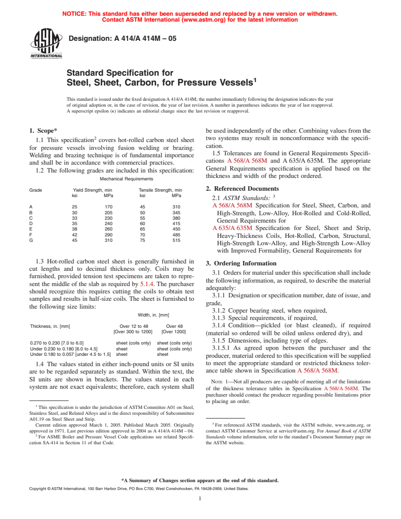 ASTM A414/A414M-05 - Standard Specification for Steel, Sheet, Carbon, for Pressure Vessels