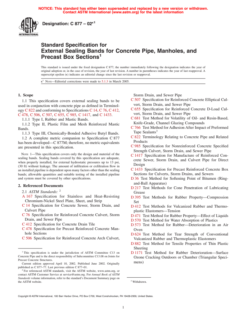 ASTM C877-02e1 - Standard Specification for External Sealing Bands for Concrete Pipe, Manholes, and Precast Box Sections