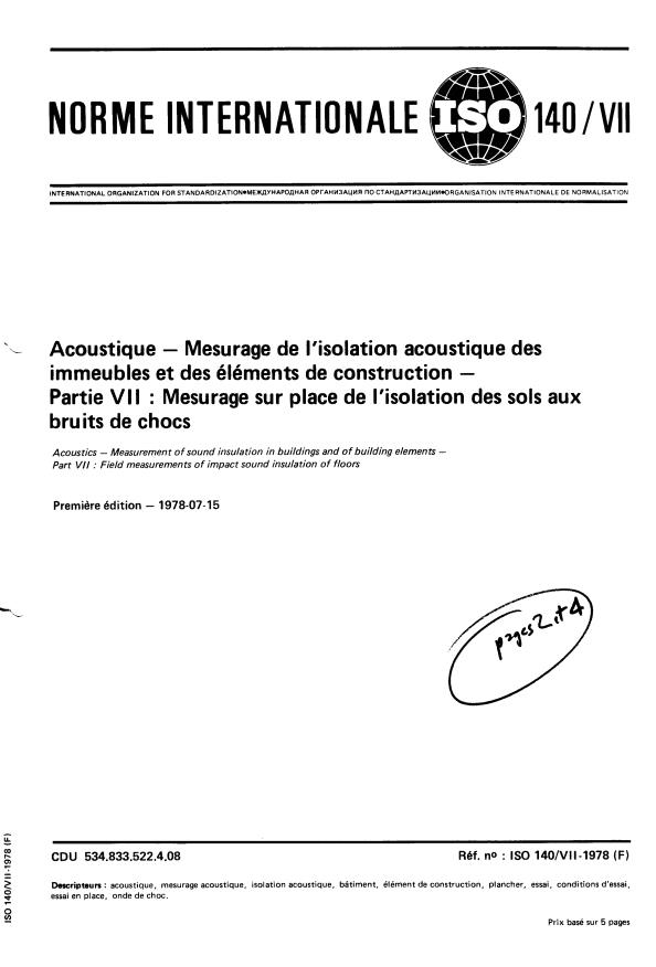 ISO 140-7:1978 - Acoustique -- Mesurage de l'isolation acoustique des immeubles et des éléments de construction