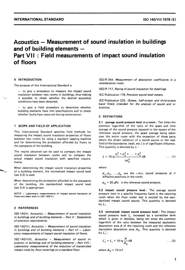 ISO 140-7:1978 - Acoustics -- Measurement of sound insulation in buildings and of building elements