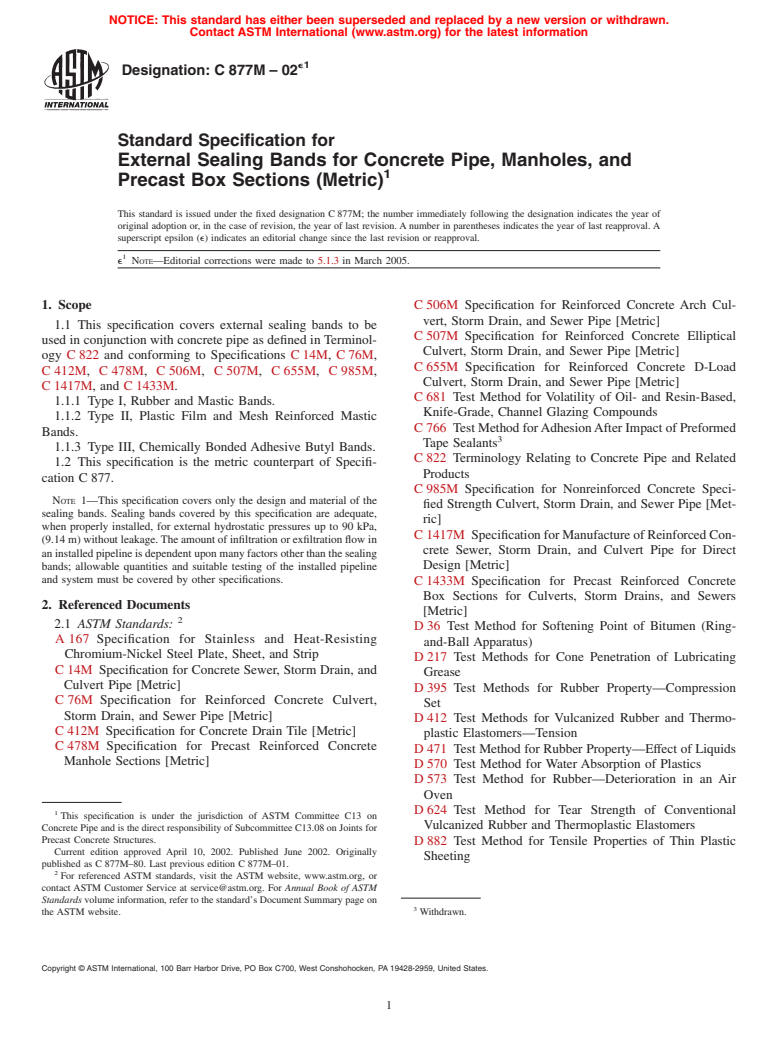 ASTM C877M-02e1 - Standard Specification for External Sealing Bands for Concrete Pipe, Manholes, and Precast Box Sections (Metric)